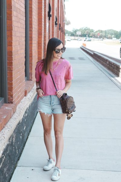 free people rubi tee with agolde jaden shorts and louis vuitton palm springs mini