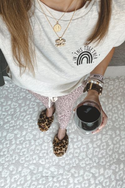 in this together tee with pink leopard joggers and leopard slippers