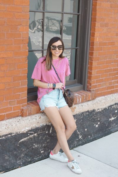 agolde jaden shorts with free people rubi tee and louis vuitton palm springs mini