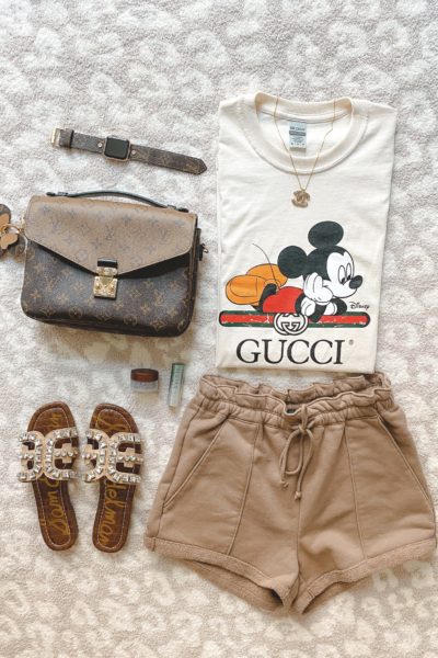 gucci disney tee in cream with abercrombie fleece shorts and sam edelman bay sandals