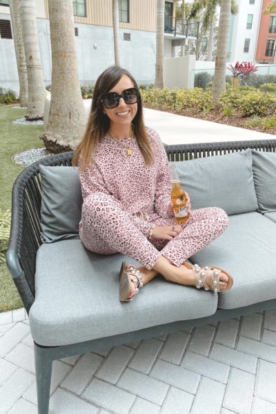 nphilanthropy pink leopard lounge set with marc fisher bryte sandals