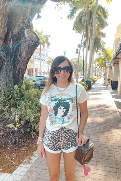 daydreamer doors tee with leopard shorts and palm springs mini