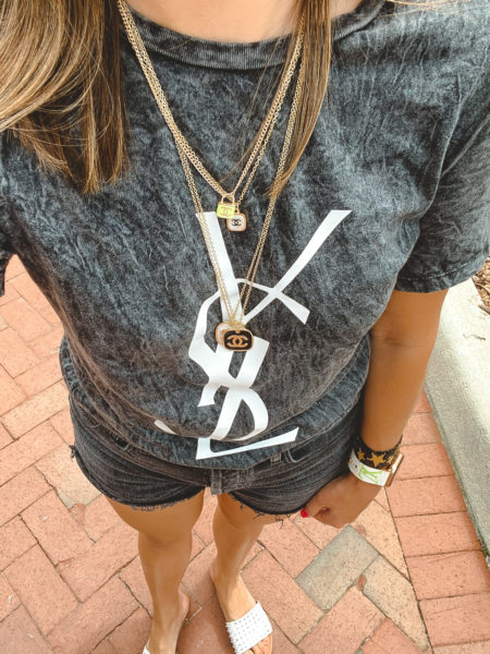 ysl dupe tee with agold black denim shorts and chanel necklace