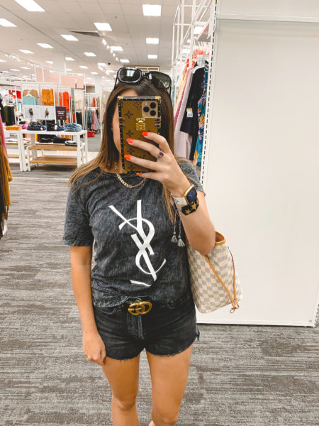 ysl dupe tee with agold black denim shorts and louis vuitton neverfull