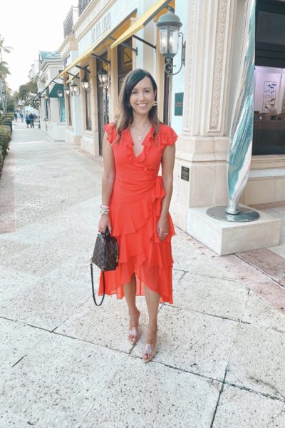 hale bob red dress with louis vuitton palm springs mini and clear heels