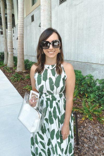 chicwish palm print dress with clear bag and gucci sunglasses