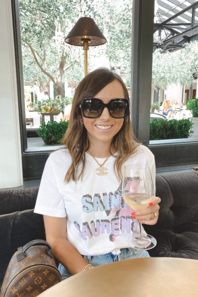 saint laurent bolt tee with chanel necklace and gucci sunglasses