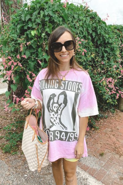 oversized rolling stones tie dye tee with gucci sunglasses and louis vuitton neverful