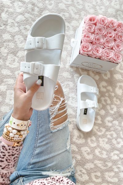 white birkenstock dupes with roses