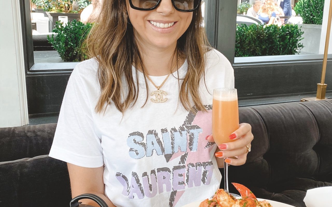 saint laurent bolt tee with gucci sunglasses and chanel necklace