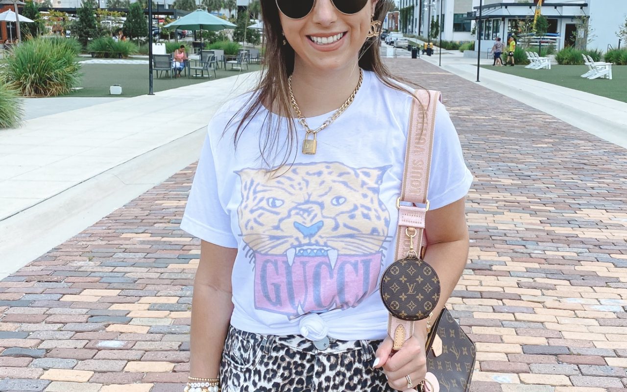 gucci tiger tee with leopard shorts and louis vuitton multi pochette