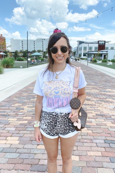 gucci tiger tee with leopard shorts and louis vuitton multi pochette