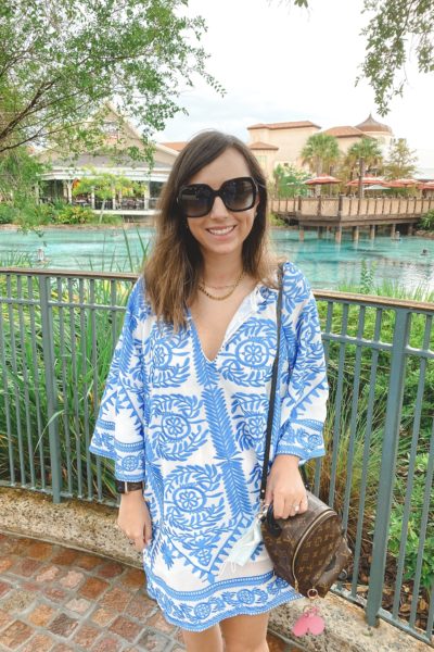 August outfit ideas chicwish blue boho dress with louis vuitton palm springs mini at disney springs