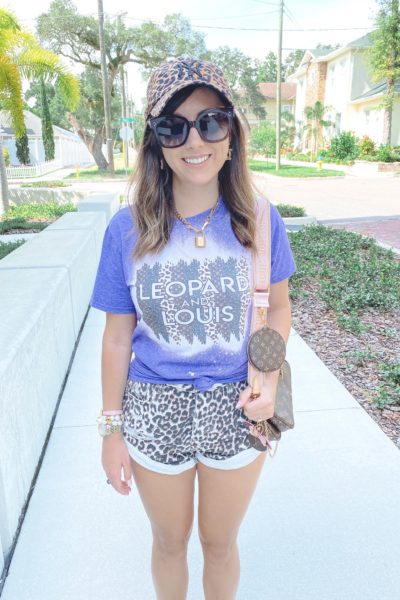 August outfit ideas leopard and louis tee with leopard shorts and louis vuitton multi pochette