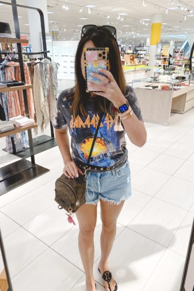 Wearing lately post 36 def leppard bleached tee with agolde denim shorts and louis vuitton palm springs mini