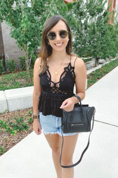 free people black adella cami with celine nano and agolde shorts