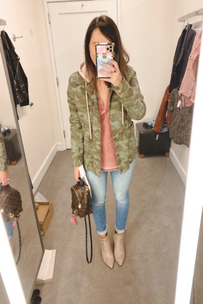 nordstrom anniversary sale 2020 caslon camo jacket with mother jeans