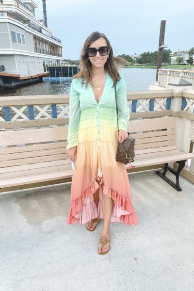 chicwish rainbow dress with louis vuitton palm springs mini and tory burch sandals