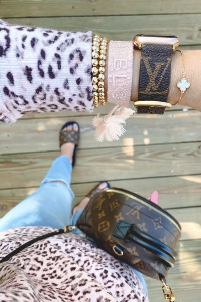 louis vuitton apple watch band with pink chanel bracelet and gold beaded bracelets