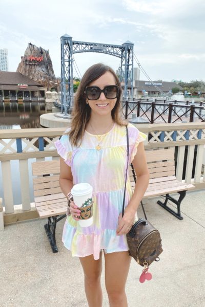 shein tie dye peplum top with louis vuitton palm springs mini and starbucks cup