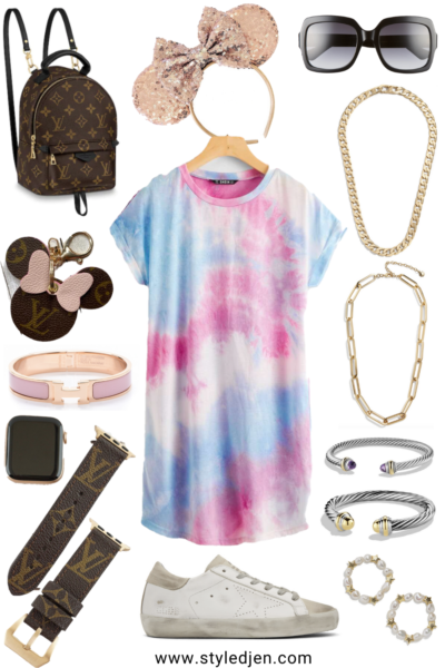 what to wear to Disney in the summer shein tie dye tshirt dress with mouse ears and accessories