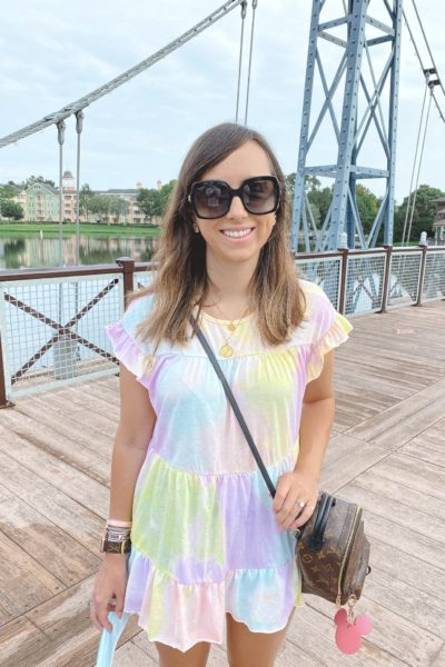 shein tie dye peplum top with gucci sunglasses and louis vuitton palm springs mini