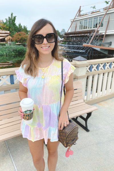 shein tie dye peplum top with louis vuitton palm springs mini and gucci sunglasses