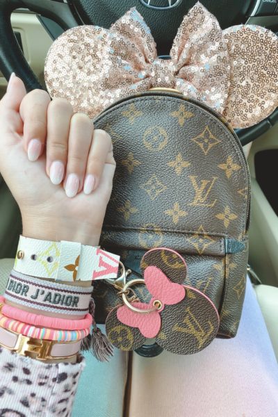 pink ombre dip nails with louis vuitton palm springs mini and louis vuitton apple watch band