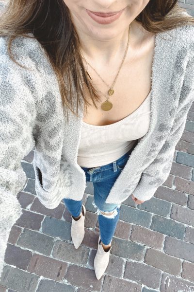 barefoot dreams grey leopard cardigan with frame ripped skinny jeans and taupe booties