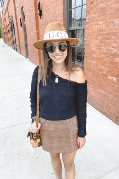 superdown ravie sweater with blacknyc suede skirt with gucci headband hat