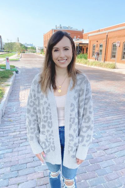 barefoot dreams grey leopard cardigan with bodysuit and gold layered necklaces