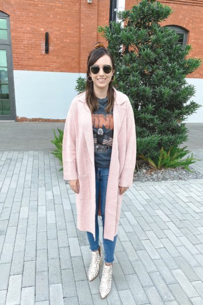 j crew pink ella coatigan with anine bing vintage tee and snakeskin boots