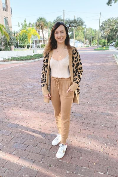 barefoot dreams camel leopard cardigan with abercrombie camel joggers and golden goose sneakers