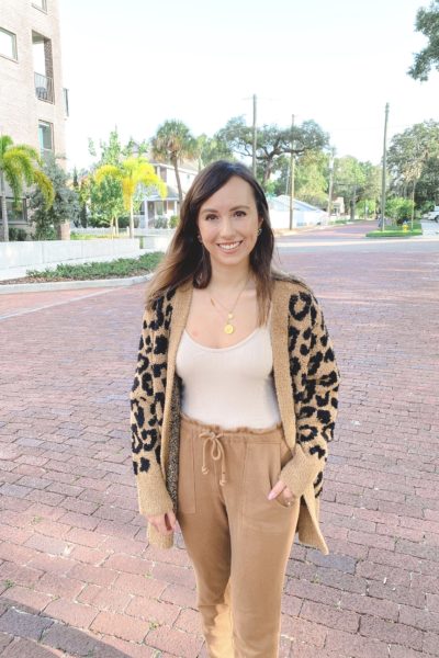 barefoot dreams tan leopard cardigan with bodysuit and camel joggers