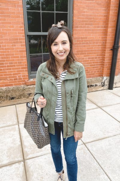 madewell passage jacket with goyard st louis and stripe shirt