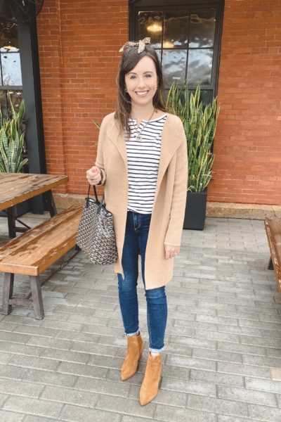 j crew juliette coatigan with stripe shirt and marc fisher alva booties