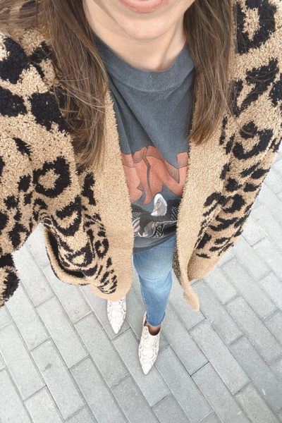 barefoot dreams tan leopard cardigan with anine bing vintage tee and snakeskin booties