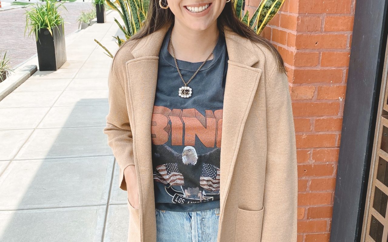 j crew camel sophie blazer with anine bing tee and gucci necklace