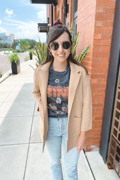 jcrew camel sophie blazer with anine bing tee and gucci necklace