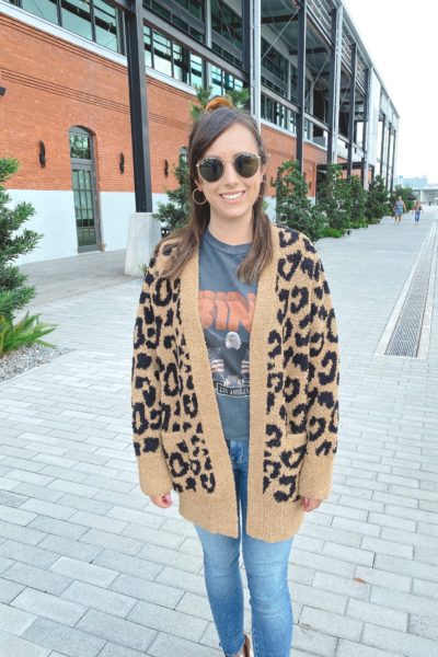 barefoot dreams camel leopard cardigan with anine bing vintage tee