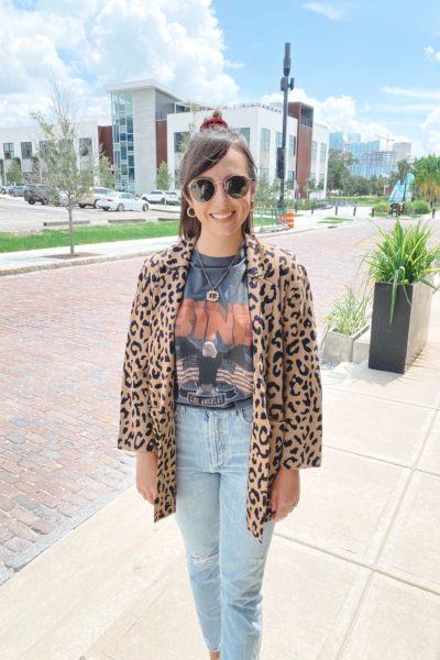 jcrew leopard sophie blazer with anine bing tee and gucci necklace