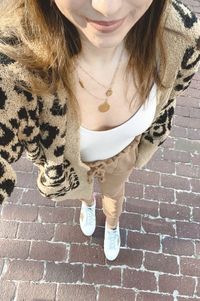 barefoot dreams camel leopard cardigan with camel joggers and golden goose sneakers