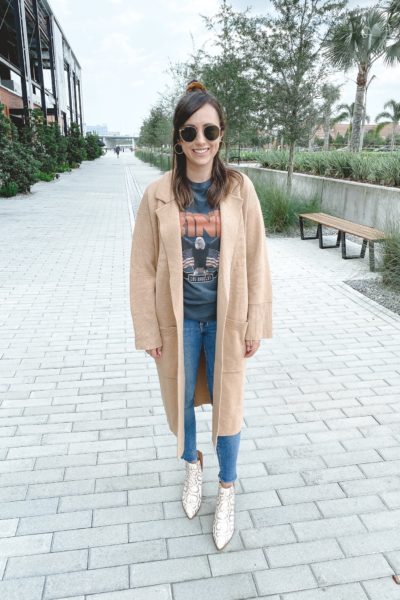 j crew camel ella coatigan with anine bing vintage tee and snakeskin booties