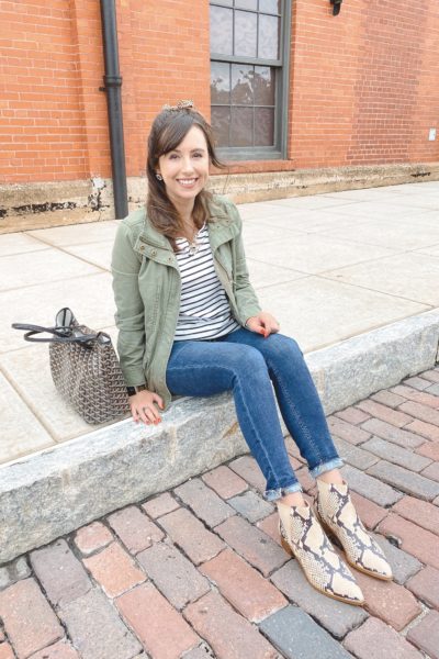 madewell passage jacket with goyard st louis and snakeskin boots