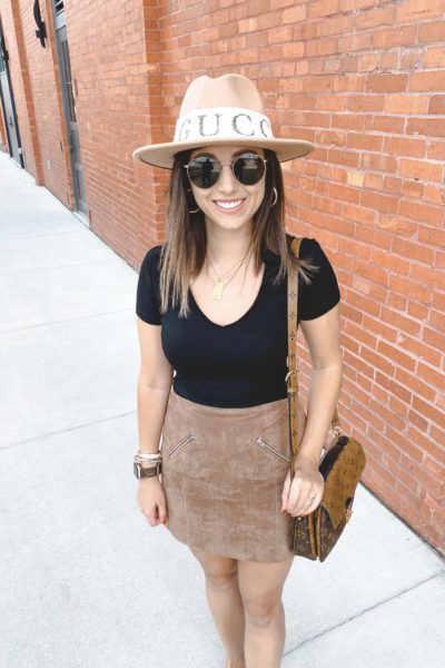 superdown black ribbed top with blacknyc suede skirt with gucci headband hat