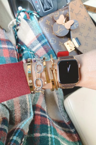 styled collection bracelets with plaid scarf and louis vuitton pochette metis reverse