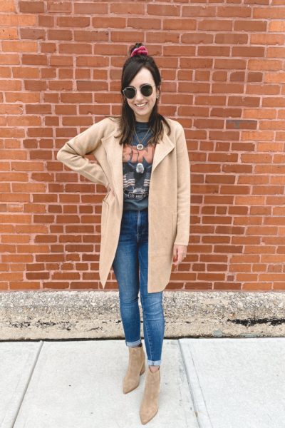 J Crew Juliette Coatigan with anine bing vintage tee and marc fisher oshay boots