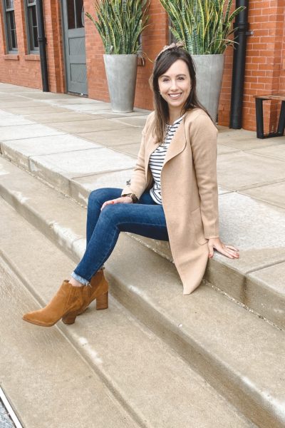 j crew juliette coatigan with stripe shirt and marc fisher tan alva booties