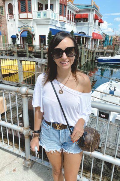 lovers friends off the shoulder tee with louis vuitton palm springs mini at universal studios