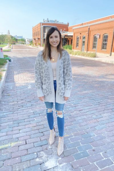 barefoot dreams grey leopard cardigan with frame ripped jeans and taupe booties